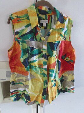 Christopher Banks Linen Blend Sleeveless button shirt Top L Colorful